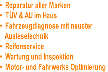 •  Reparatur aller Marken
•  TÜV & AU im Haus
•  Fahrzeugdiagnose mit neuster
   Auslesetechnik
•  Reifenservice
•  Wartung und Inspektion
•  Motor- und Fahrwerks Optimierung
